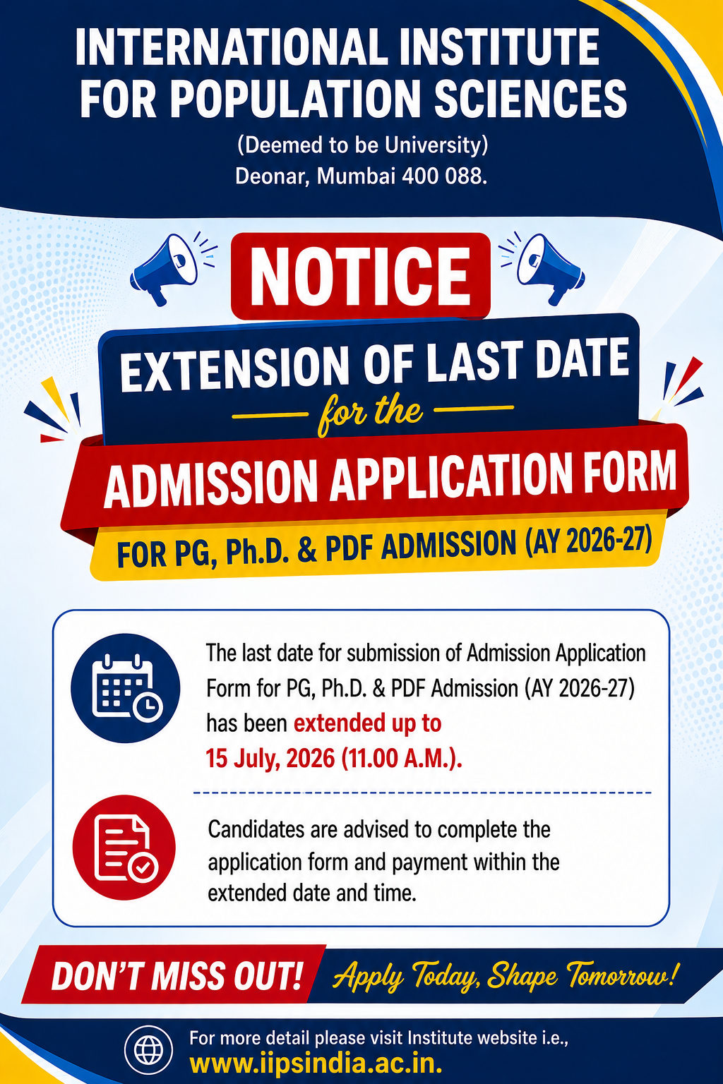 Extension of last date for the Online Application Form for PG & Ph.D. admission (AY 2026-27)